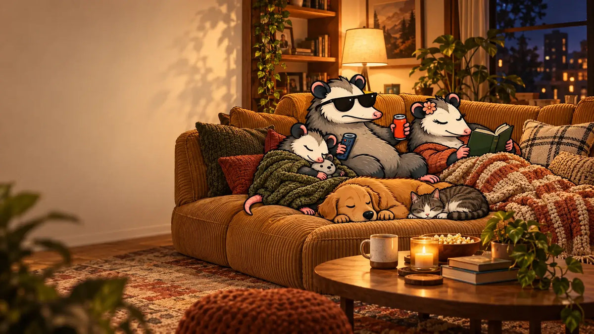 Couch Possum brand mascot lounging on a sofa